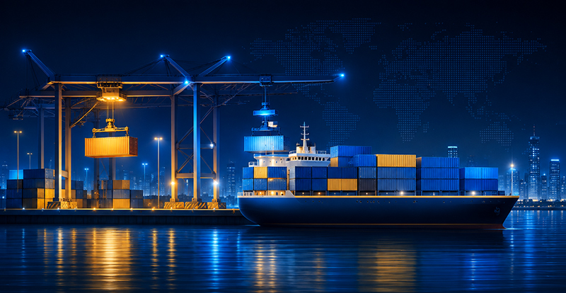 Container vessel loading at an illuminated port terminal at night, with gantry cranes and stacked containers