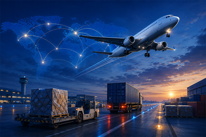 Freight aircraft climbing from an airport apron at dusk, with air cargo pallets and a container trailer waiting below