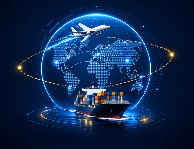Global logistics network — freight aircraft and container ship circling a world map globe with international trade routes