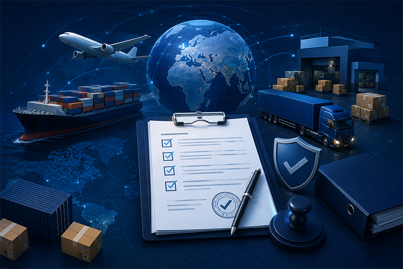 Customs clearance checklist, approval stamp and compliance shield beside a container ship, aircraft and cargo trailer